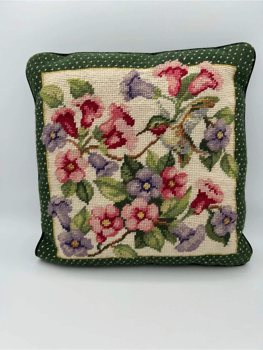 Needlepoint Floral Hummingbird Pillow Pink Green Velvet Backing